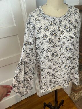 Kobi Halperin White Blouse with black Floral & Yellow Accents and Pleated Sleeve